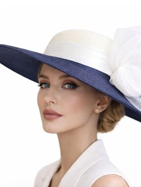 Navy & White Wide Brim Hat with Mesh Floral Accent | Elegant Derby